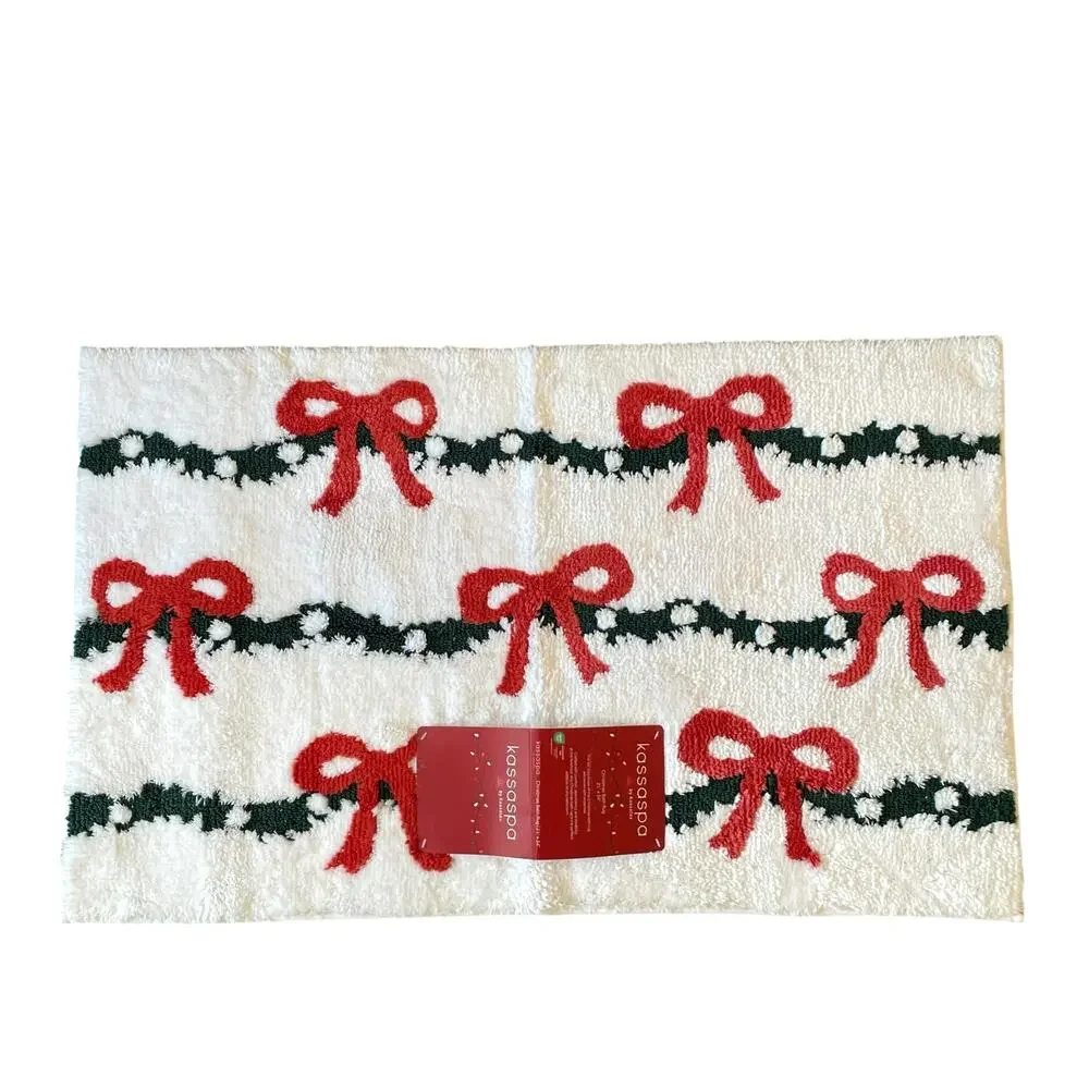 Kassaspa Christmas Bow Garland Bath Rug 21x34 White Red Green Christmas Holiday